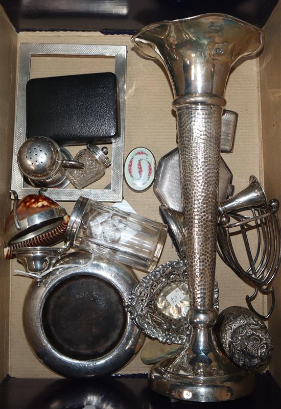 Mixed silver including spill vase, photograph frame, pepper, bonbon dishes, mounted shell dish, etc.